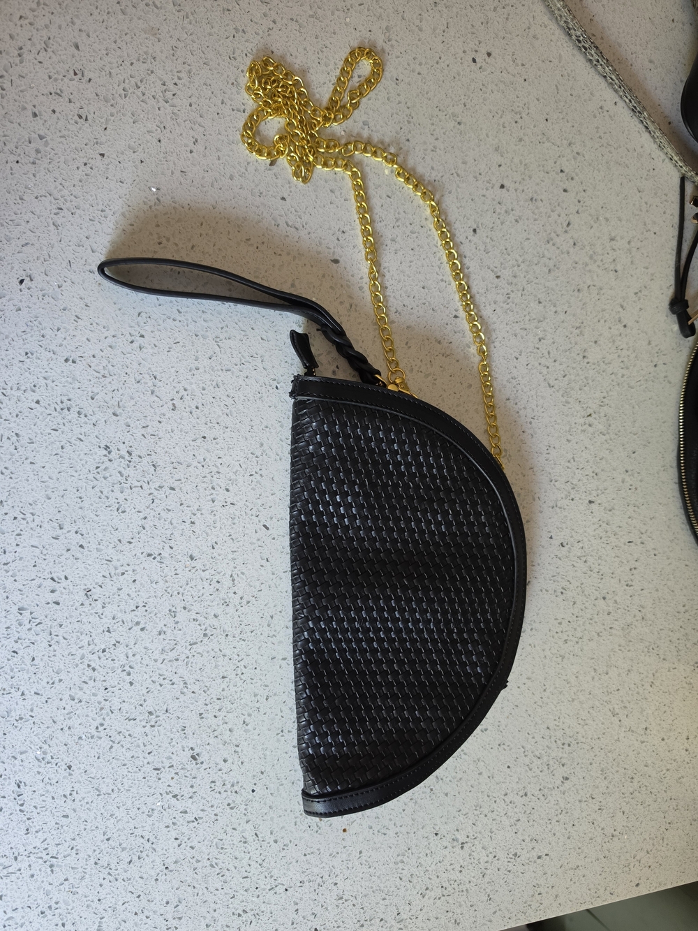 Misako- Black Woven Half-Moon Crossbody with Gold Chain